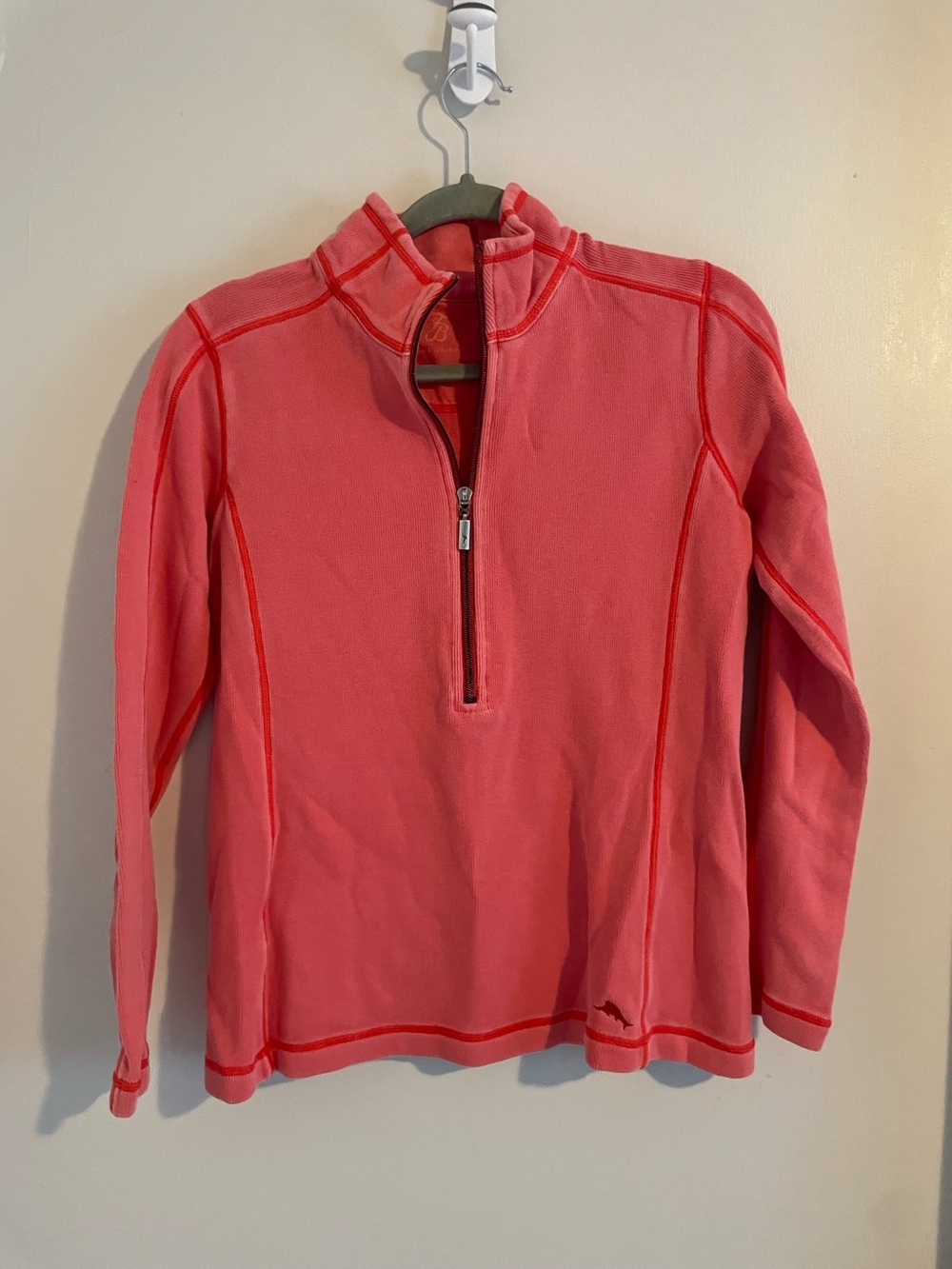 Tommy Bahama Women's Half Zip Pullover XS Coral Pink Contrast Stitch Marlin Logo